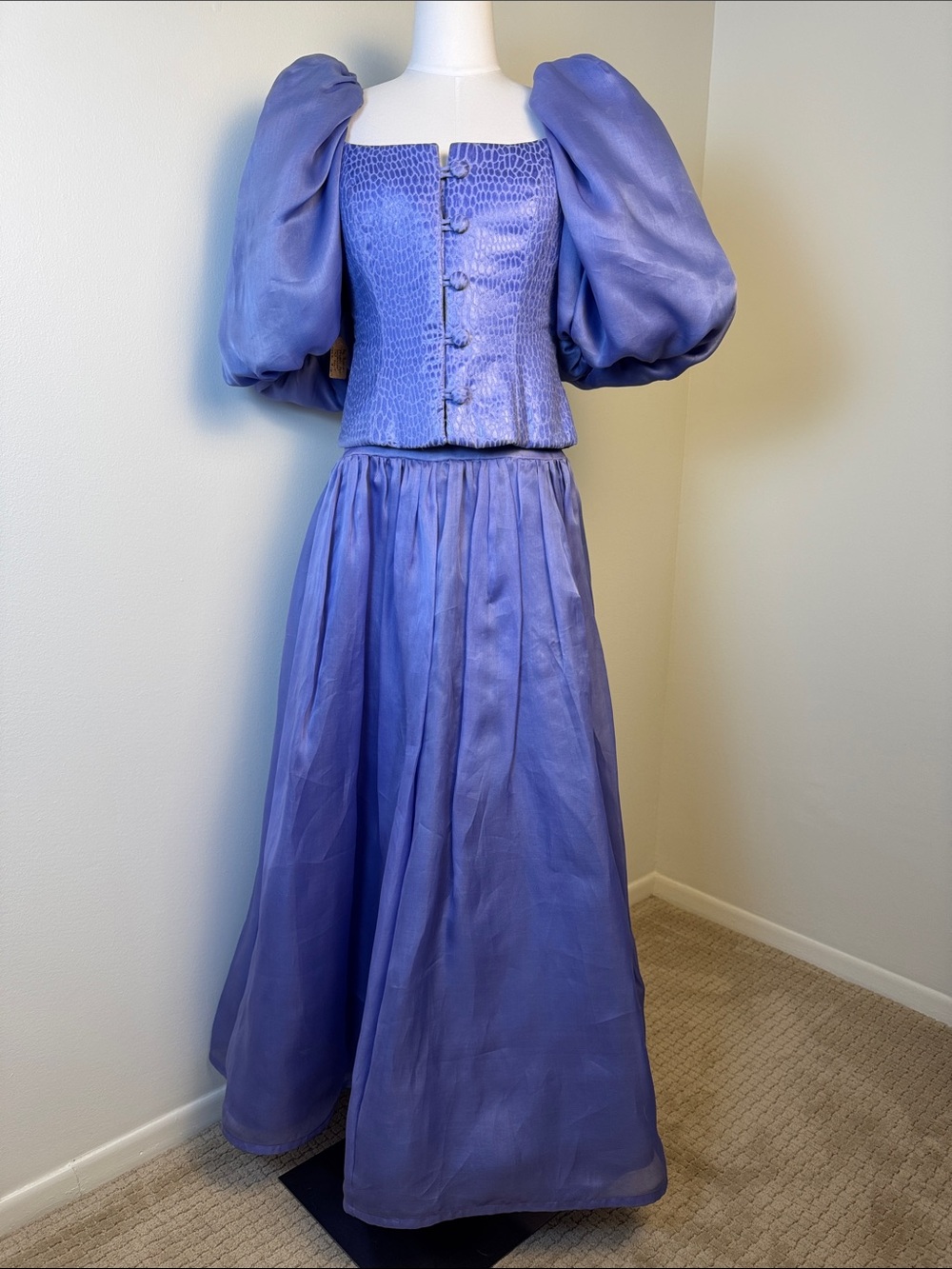NWT Vintage Patricia Rhodes Silk Dress Set Puff Sleeve Corset Maxi Skirt 3 Piece